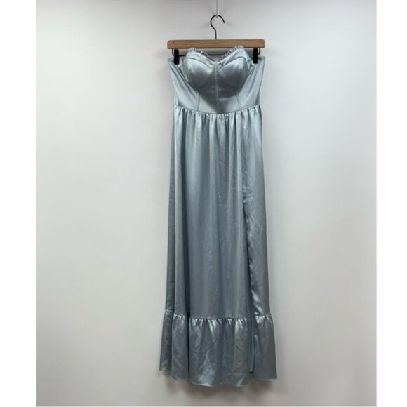 Revelry Valentina Satin Strapless Sweetheart A-Line Ruffle Maxi Dress Sky Blue 8 - Picture 3 of 9